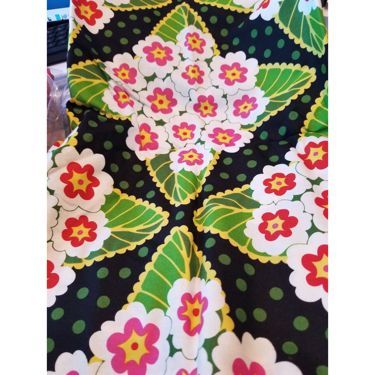 Material Black  Fabric Big Flowers Red White Green Leaves Fabric    46" x 36"   Cotton Craft Clothing fabric Joann  Fabric