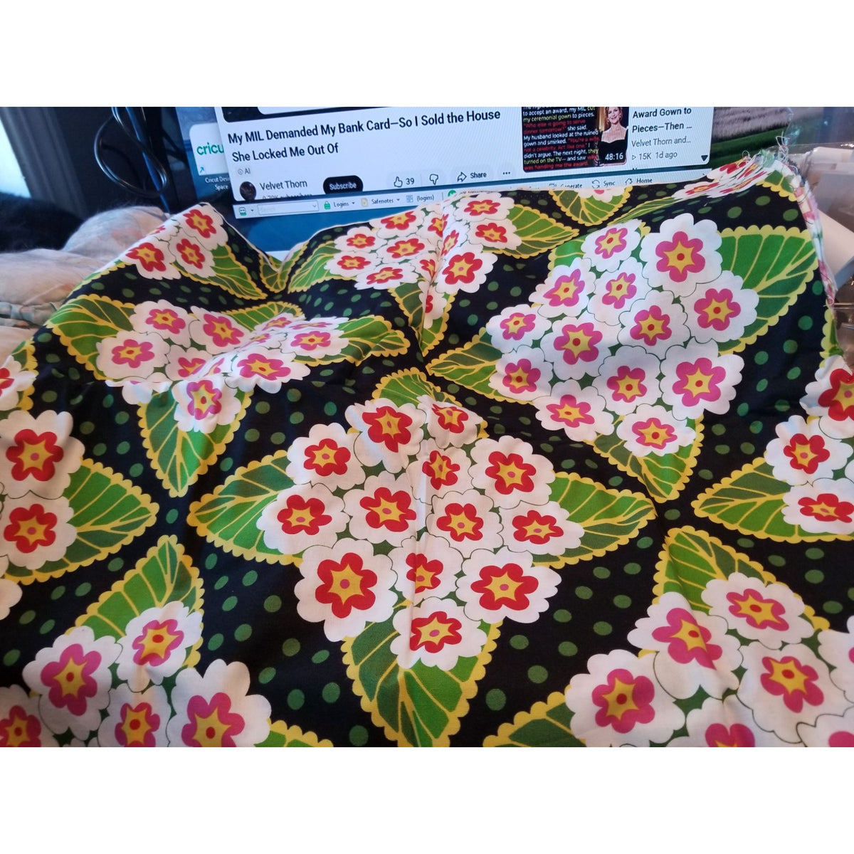 Material Black  Fabric Big Flowers Red White Green Leaves Fabric    46" x 36"   Cotton Craft Clothing fabric Joann  Fabric