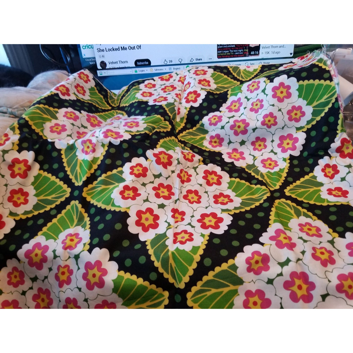 Material Black  Fabric Big Flowers Red White Green Leaves Fabric    46" x 36"   Cotton Craft Clothing fabric Joann  Fabric