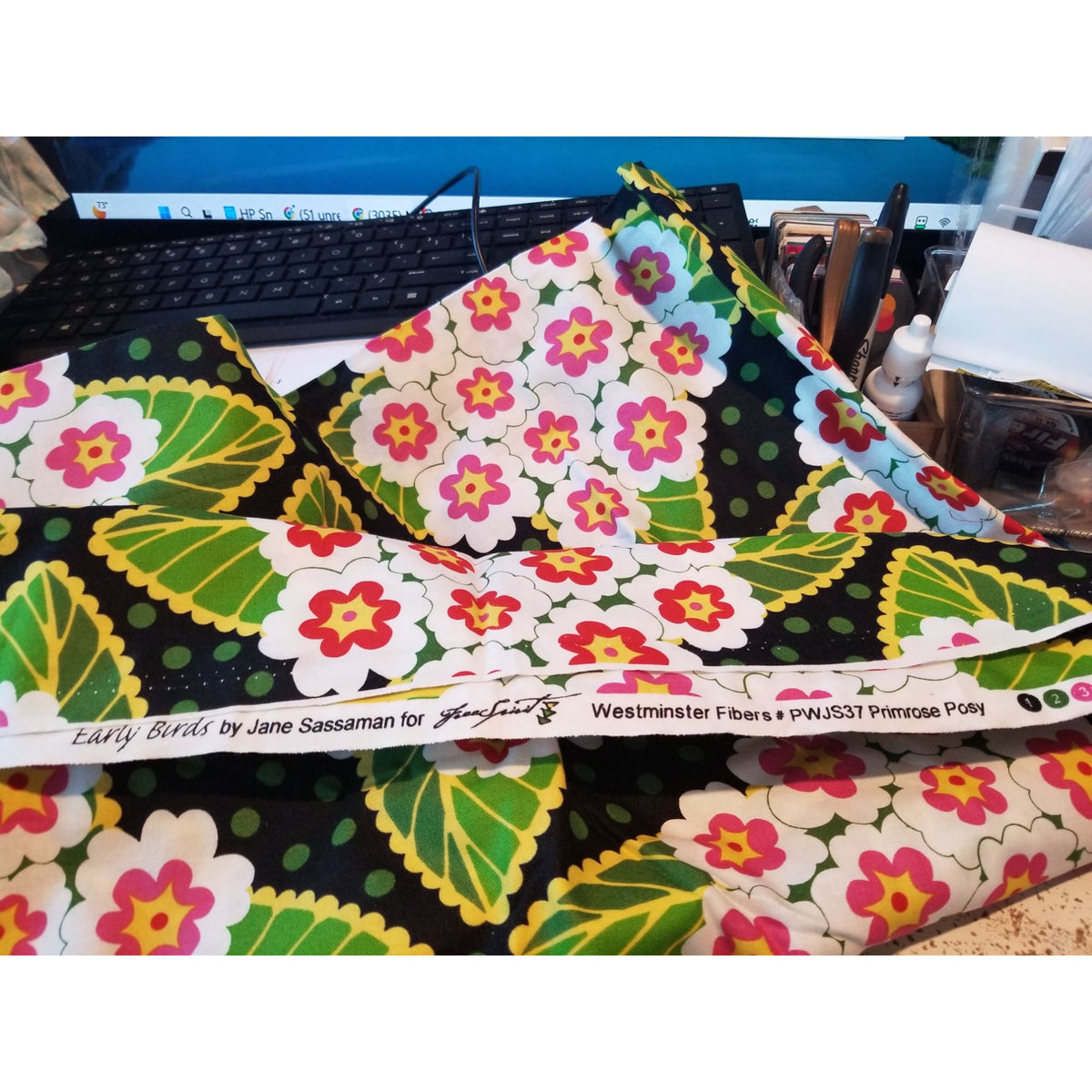 Material Black  Fabric Big Flowers Red White Green Leaves Fabric    46" x 36"   Cotton Craft Clothing fabric Joann  Fabric