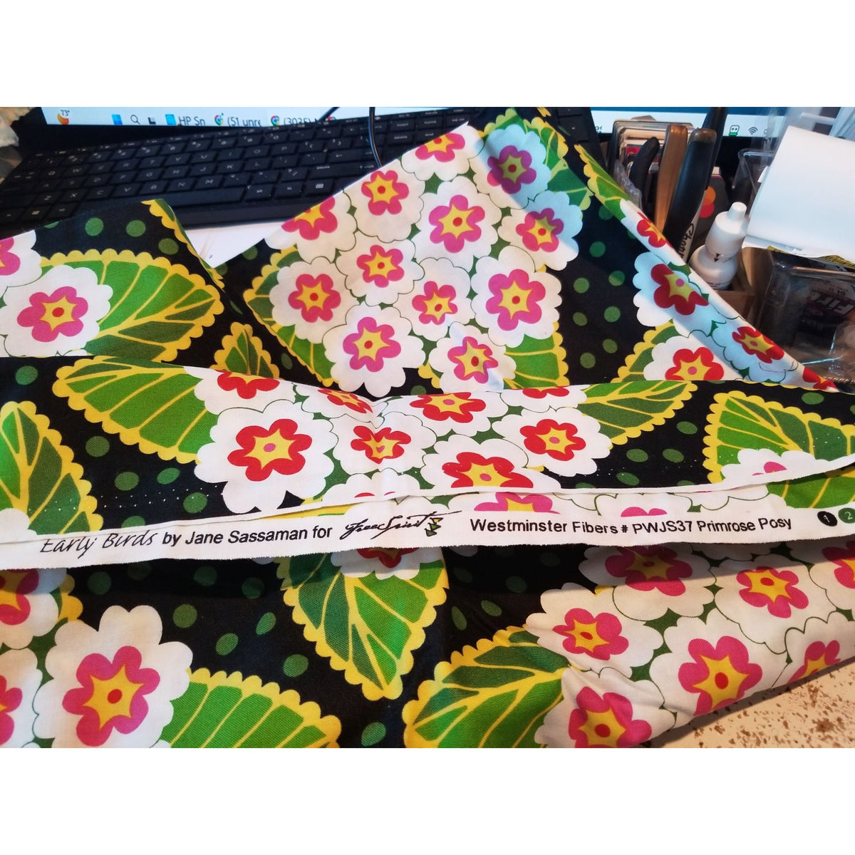 Material Black  Fabric Big Flowers Red White Green Leaves Fabric    46" x 36"   Cotton Craft Clothing fabric Joann  Fabric
