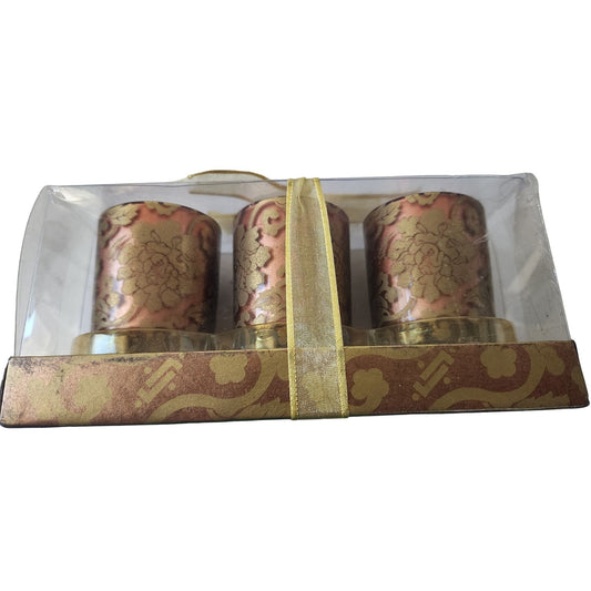 Candles Brown Gold Flowers Roses Votive  2 1/2 " Tall 2" Top Gift Box Set of 3 Sparkle Top