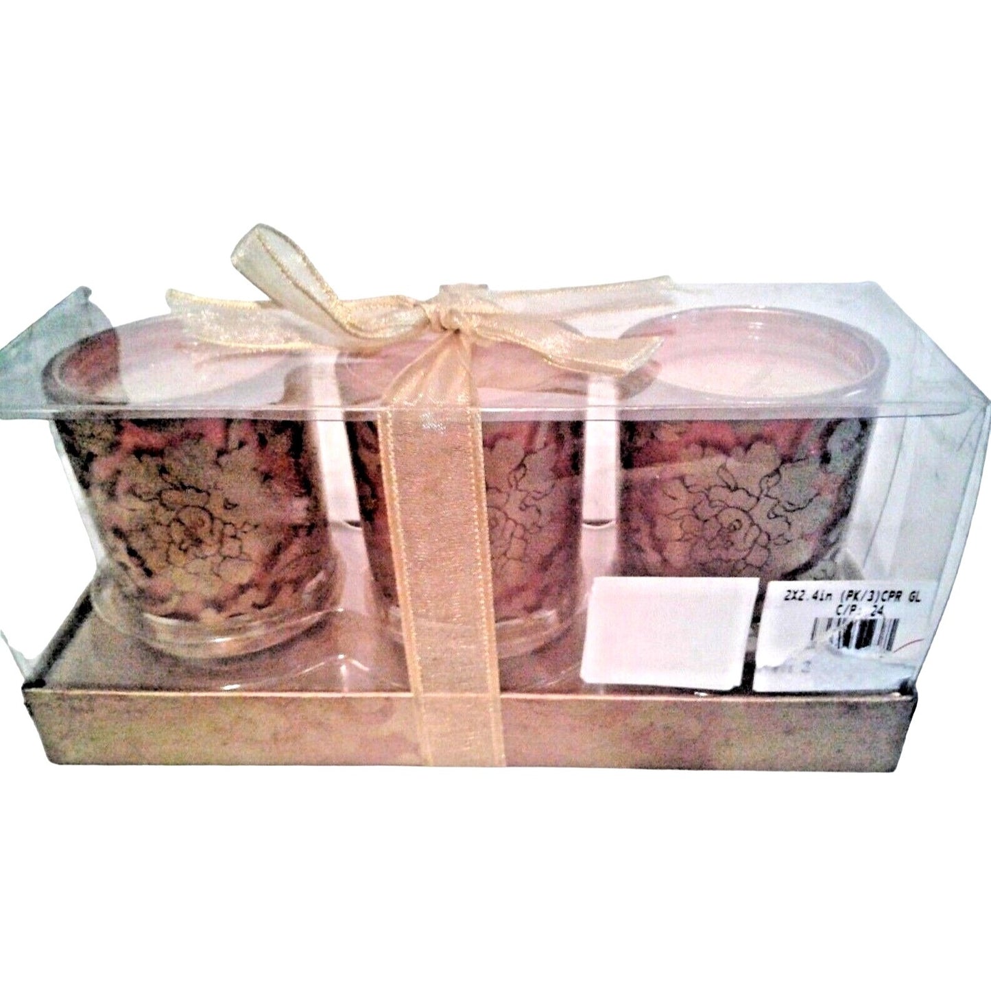 Candles Brown Gold Flowers Roses Votive  2 1/2 " Tall 2" Top Gift Box Set of 3 Sparkle Top