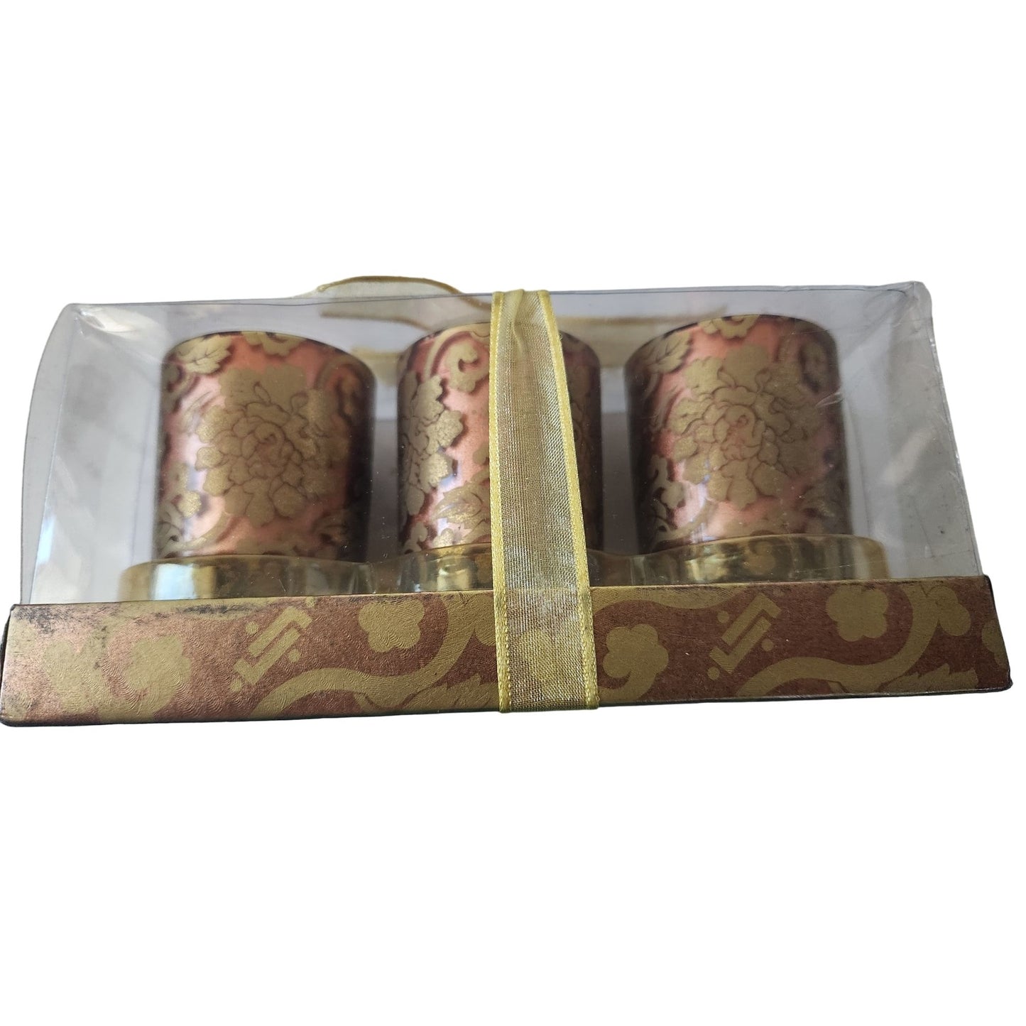 Candles Brown Gold Flowers Roses Votive  2 1/2 " Tall 2" Top Gift Box Set of 3 Sparkle Top