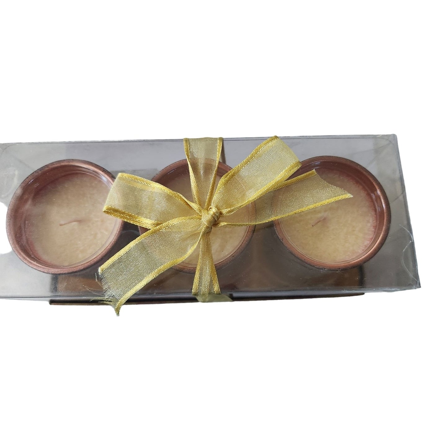 Candles Brown Gold Flowers Roses Votive  2 1/2 " Tall 2" Top Gift Box Set of 3 Sparkle Top