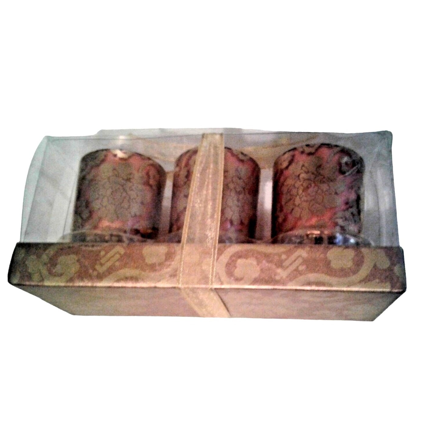 Candles Brown Gold Flowers Roses Votive  2 1/2 " Tall 2" Top Gift Box Set of 3 Sparkle Top