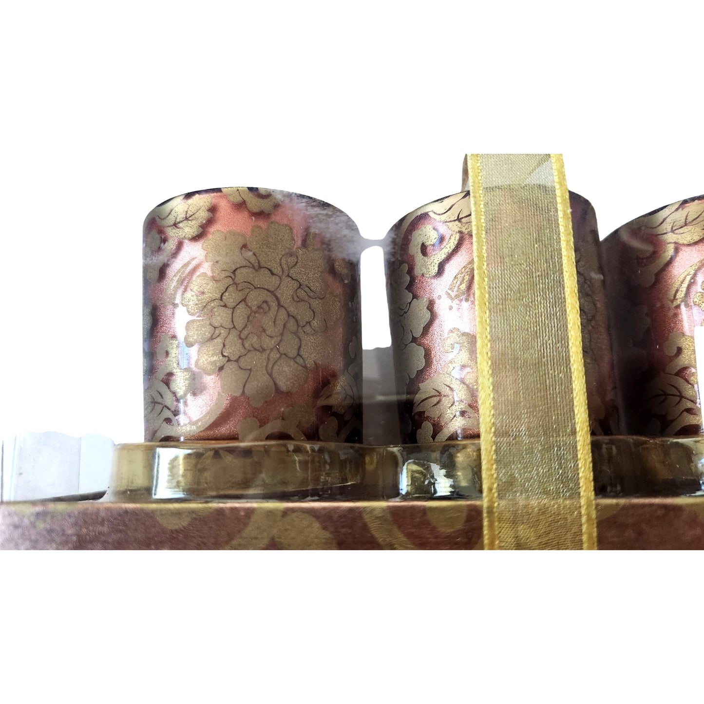 Candles Brown Gold Flowers Roses Votive  2 1/2 " Tall 2" Top Gift Box Set of 3 Sparkle Top