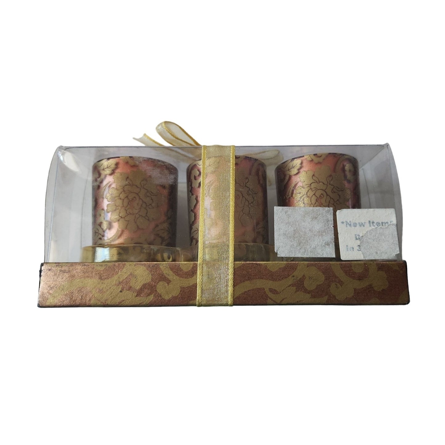 Candles Brown Gold Flowers Roses Votive  2 1/2 " Tall 2" Top Gift Box Set of 3 Sparkle Top
