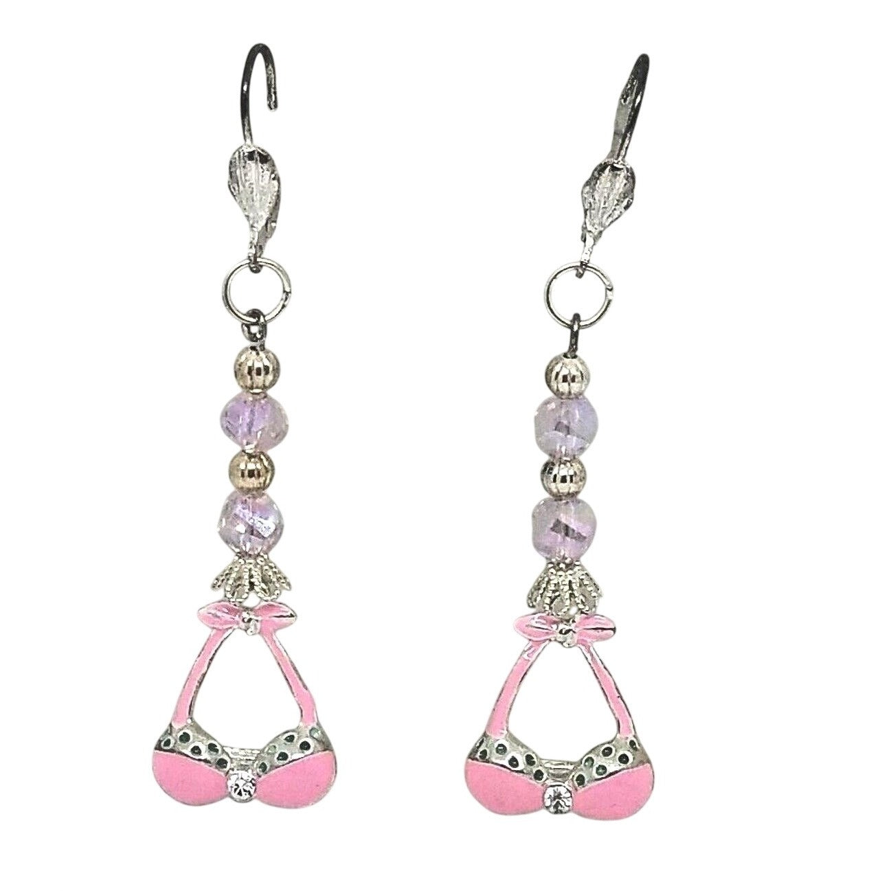 Earring Pink Bra Bikini Top 1/2 " Charm Silver Pink Bead Sterling Hooks