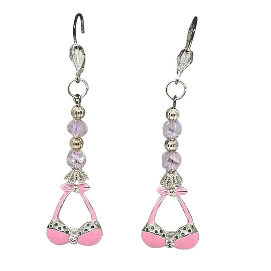 Earring Pink Bra Bikini Top 1/2 " Charm Silver Pink Bead Sterling Hooks
