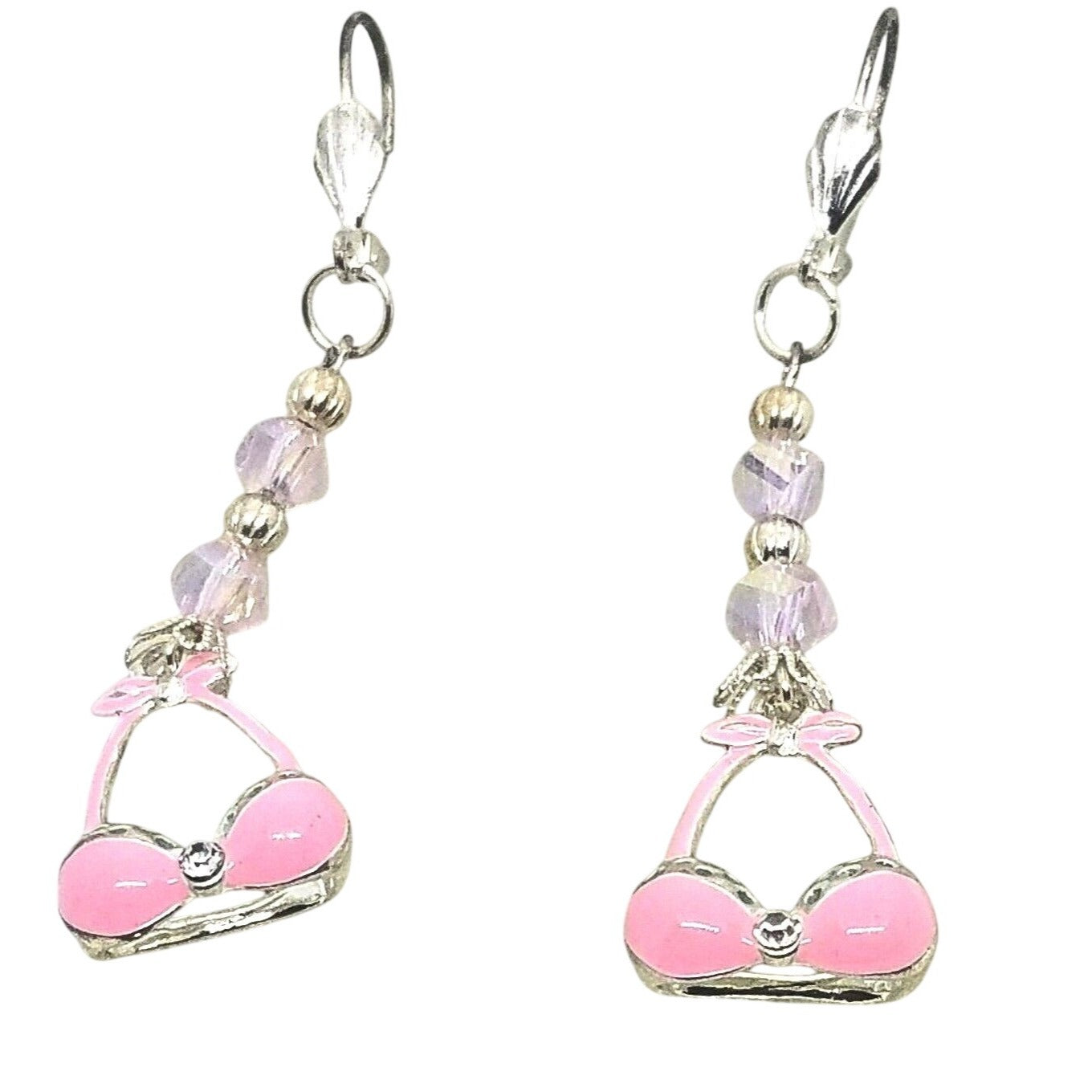 Earring Pink Bra Bikini Top 1/2 " Charm Silver Pink Bead Sterling Hooks