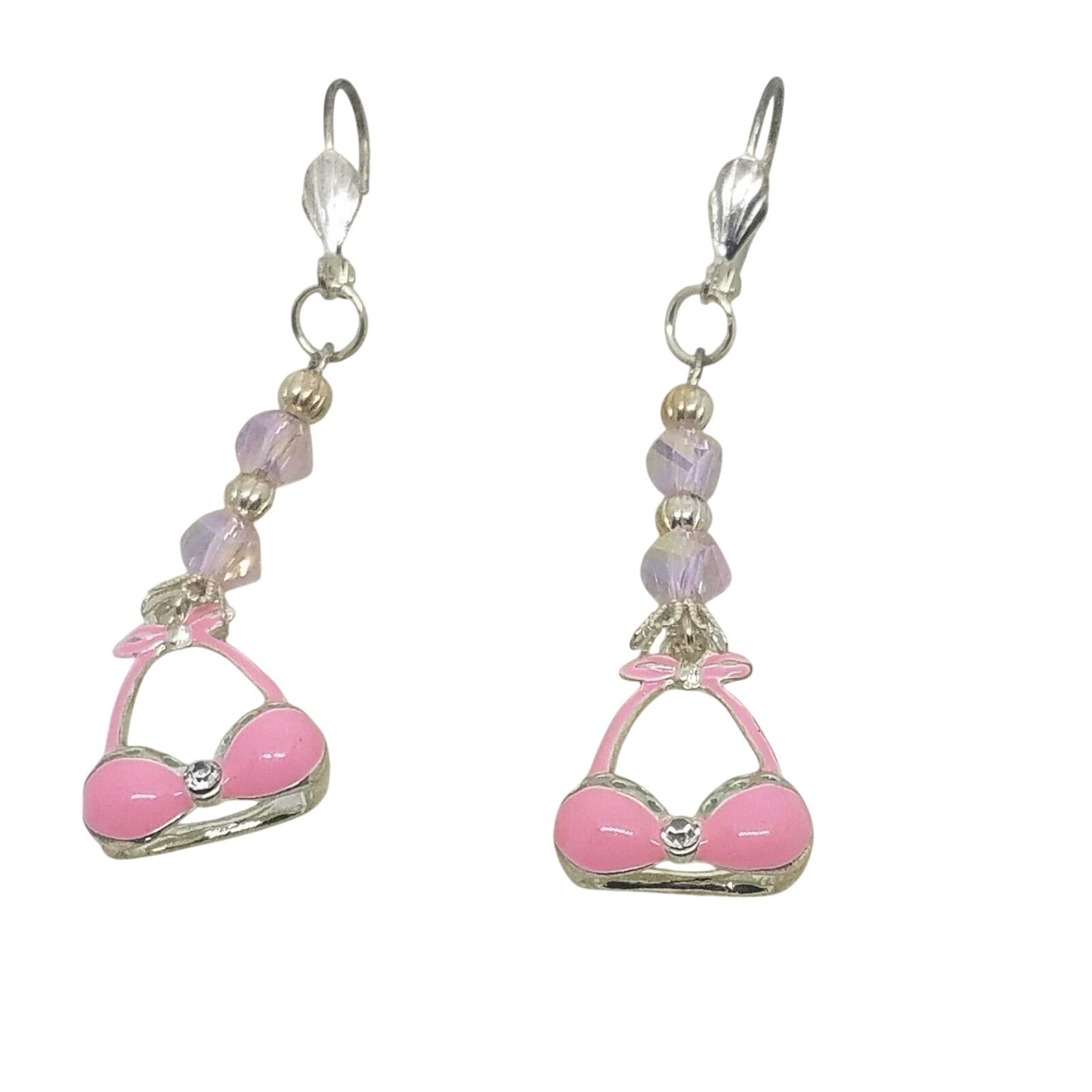 Earring Pink Bra Bikini Top 1/2 " Charm Silver Pink Bead Sterling Hooks