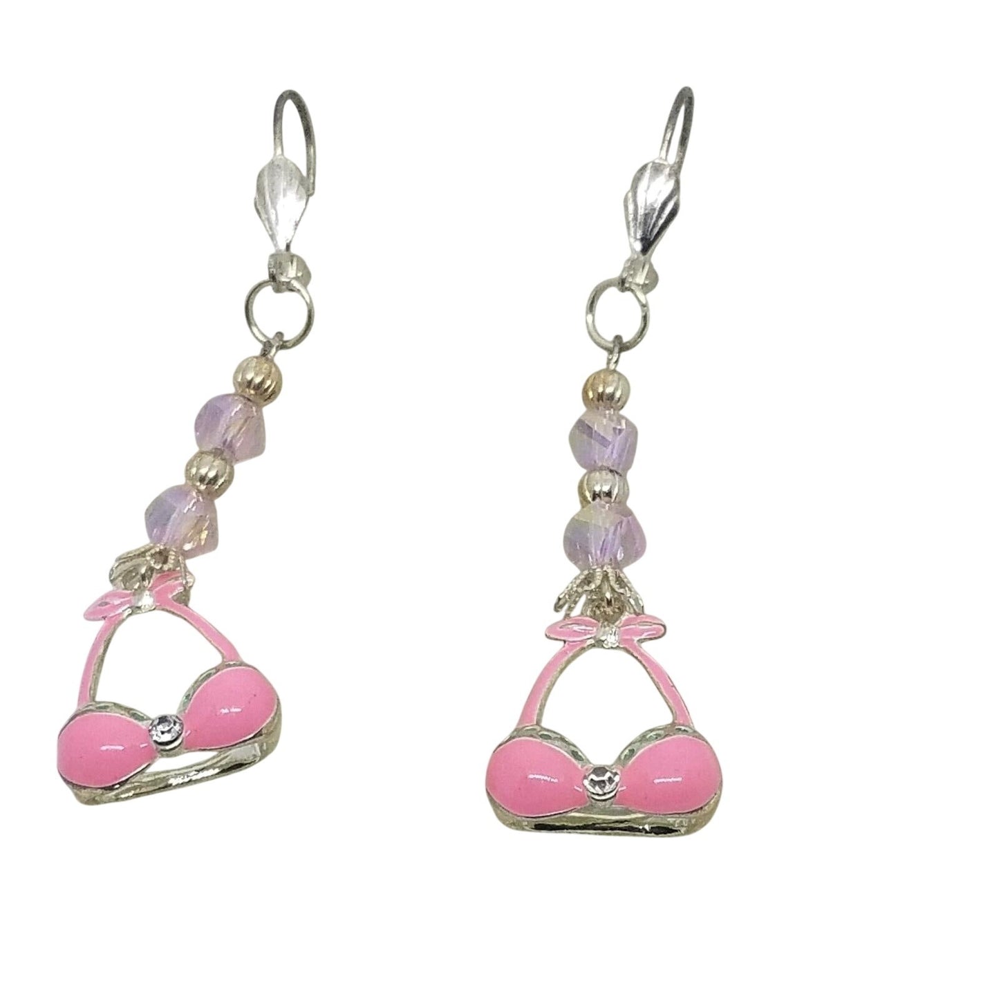 Earring Pink Bra Bikini Top 1/2 " Charm Silver Pink Bead Sterling Hooks