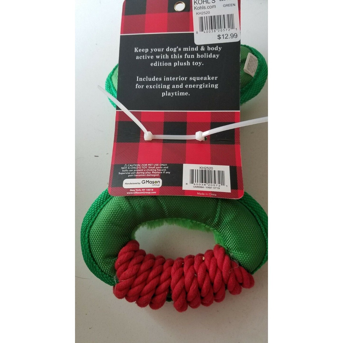 Dog Toy Woof Green & Red Tug a War Plush Squeaker inside Pet Wrapped Ends