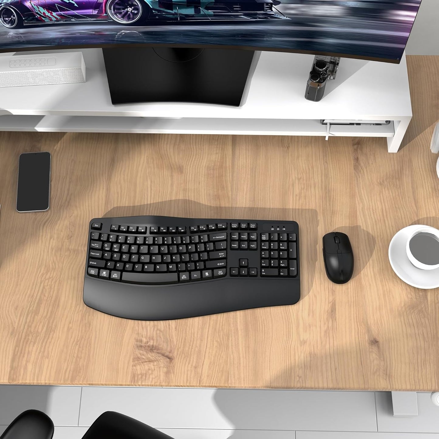 Wireless Keyboard and Mouse, Wireless Ergonomic Keyboard Wrist Rest 3 Level DPI Adjustable Wireless Mouse for Windows/MacO