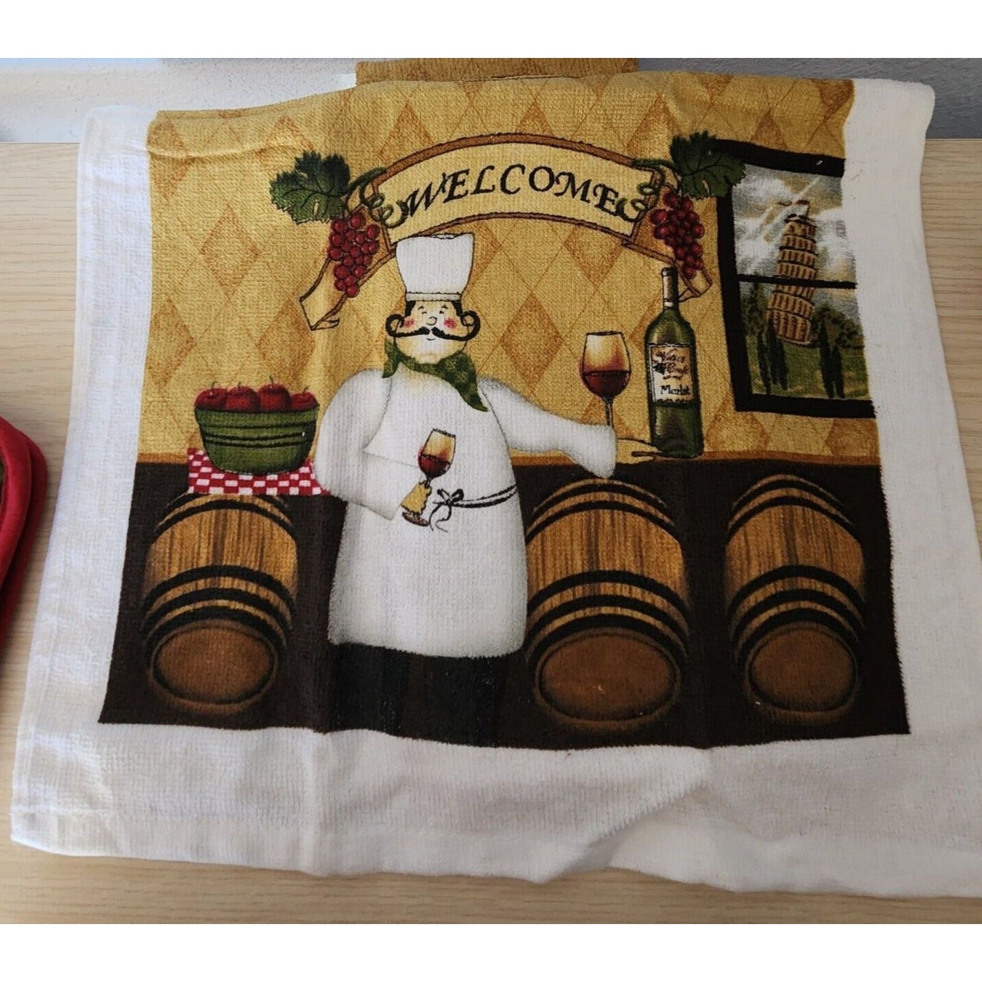 Kitchen Towel 5 Piece Set Welcome Chef   2 Towels  2 Pot Holders, 1 Oven Mitt