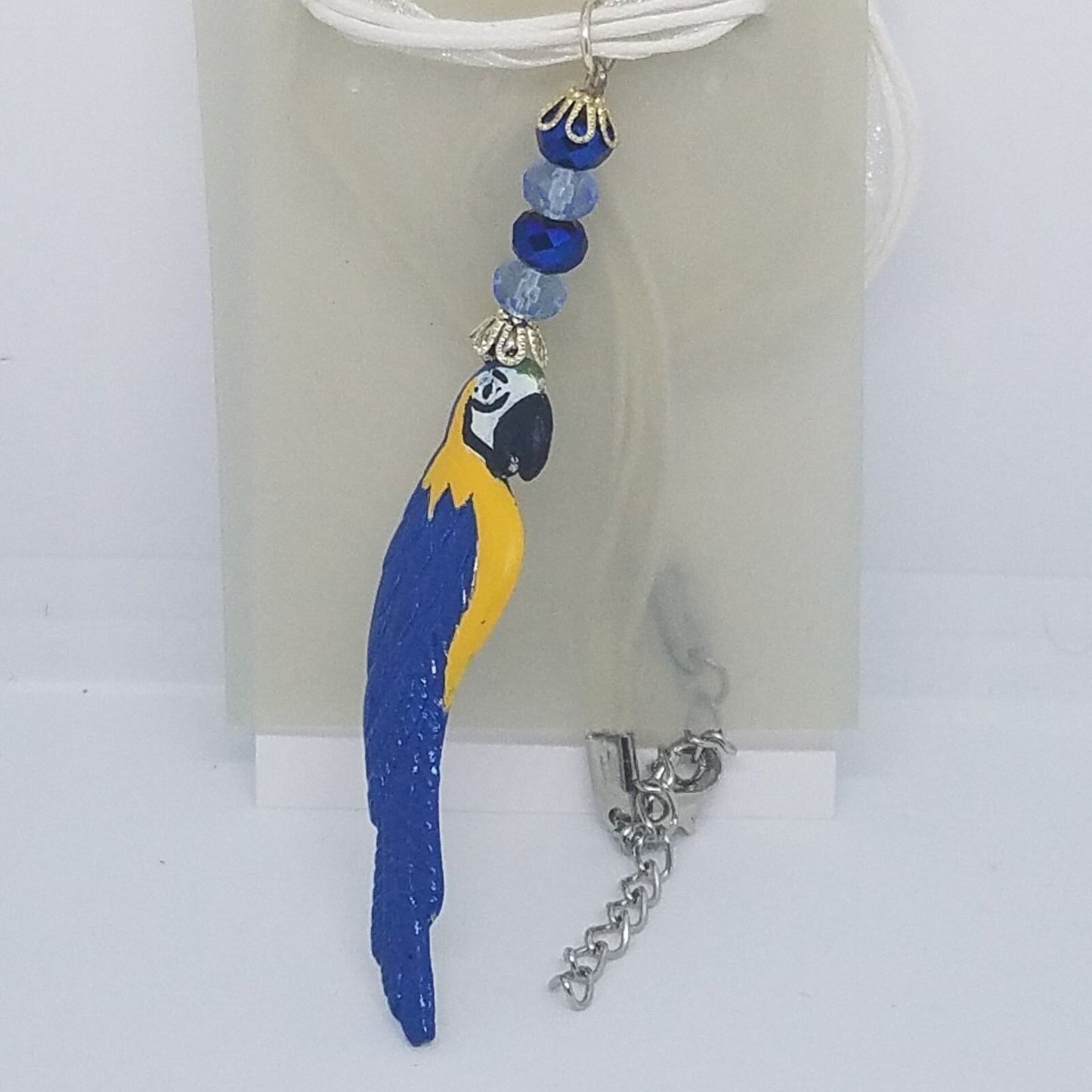 Necklace 2" Painted Blue Parrot Charm Blue Silver Beads White Ribbon Cord