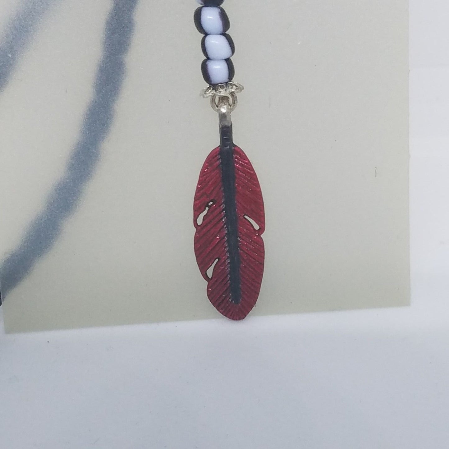 Necklace 1" Painted Red Feather Charm Black Blue Beads Twisted Leather Cord