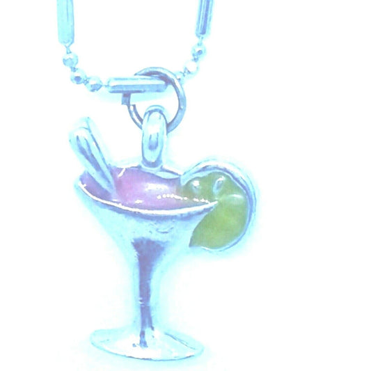 Necklace Drink Glass Pink Margarita Lime Straw 1 " Tall Charm Sterling Chain