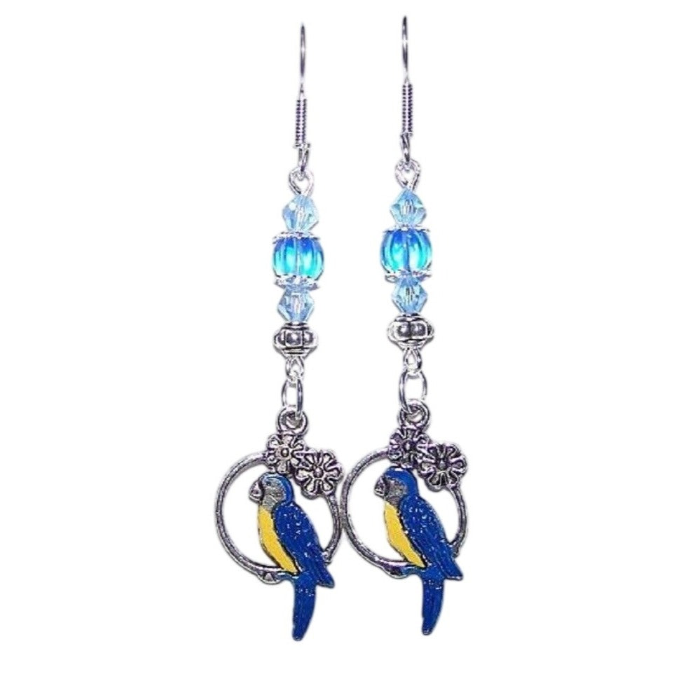 Earrings Blue Parrot Hoop Flowers Blue Silver Bead Caps  2" long Sterling Hook