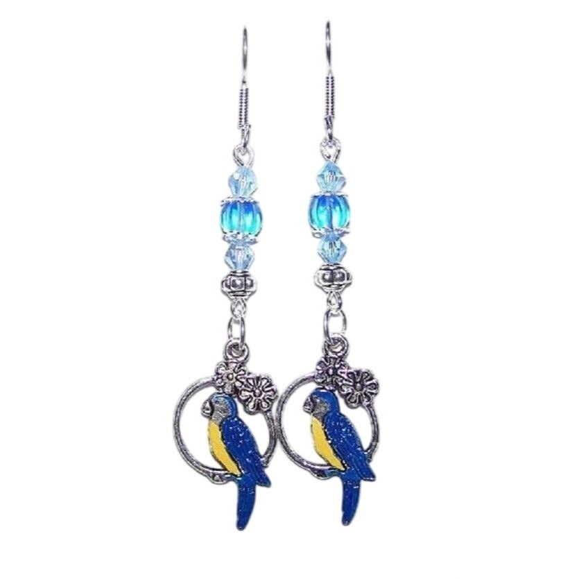 Earrings Blue Parrot Hoop Flowers Blue Silver Bead Caps  2" long Sterling Hook