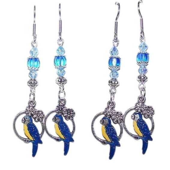 Earrings Blue Parrot Hoop Flowers Blue Silver Bead Caps  2" long Sterling Hook
