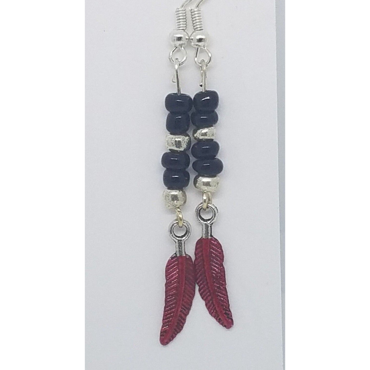 Earrings Small Painted Red Feather Charm Sterling Wire Black & Silver Beads 2"