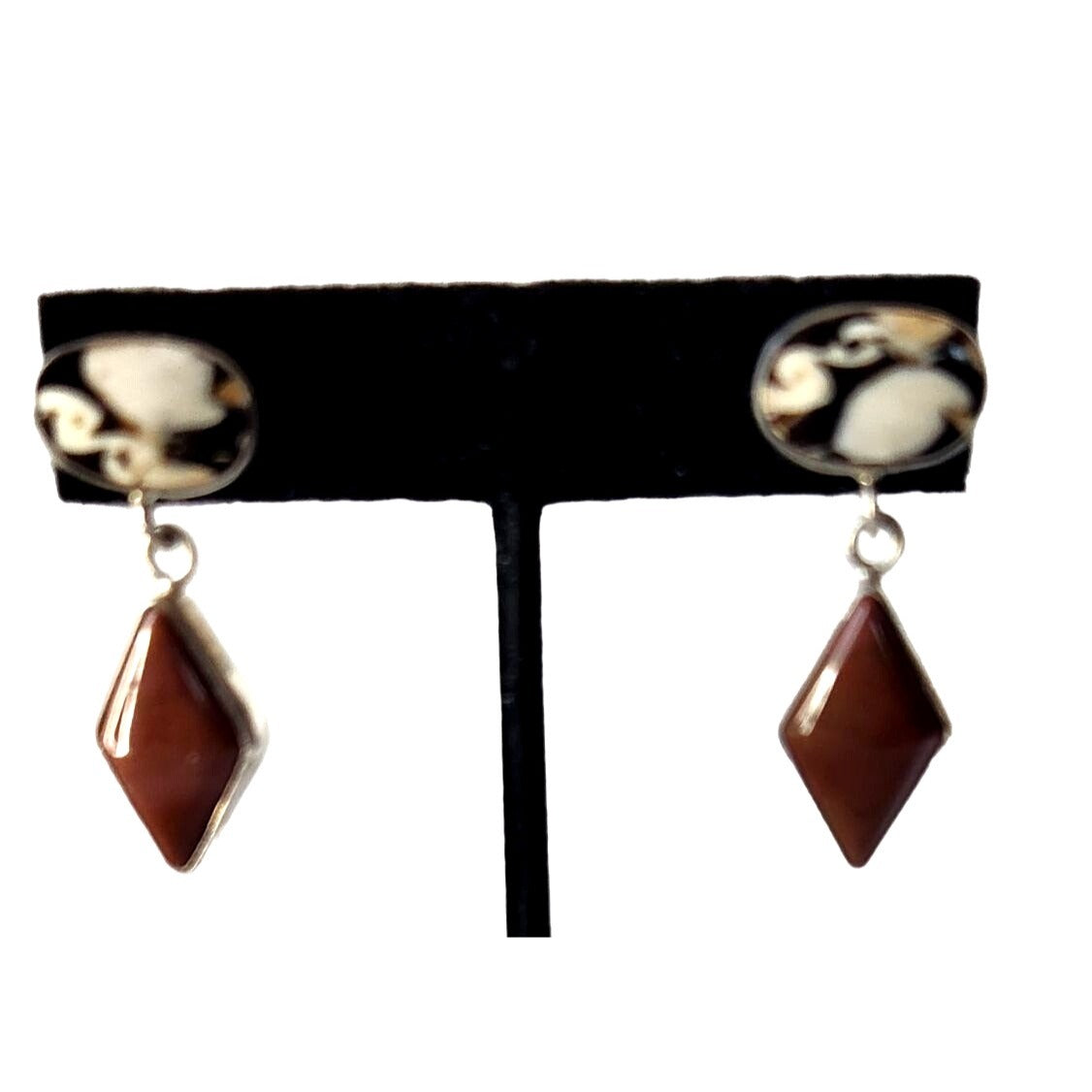 Peanut Wood & Jasper 925 Silver Post Earrings 9 Gr 40mm x 15mm