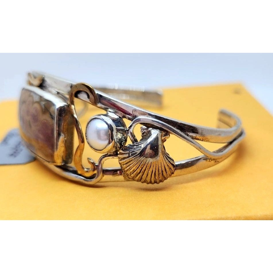Bracelet Ocean Jasper Pearl Sterling Silver 14K Gold Accents Crab, Sea Shell ,