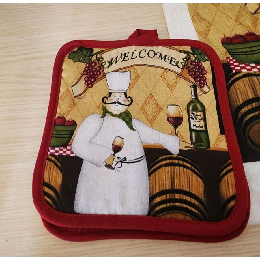 Kitchen Towel 5 Piece Set Welcome Chef   2 Towels  2 Pot Holders, 1 Oven Mitt