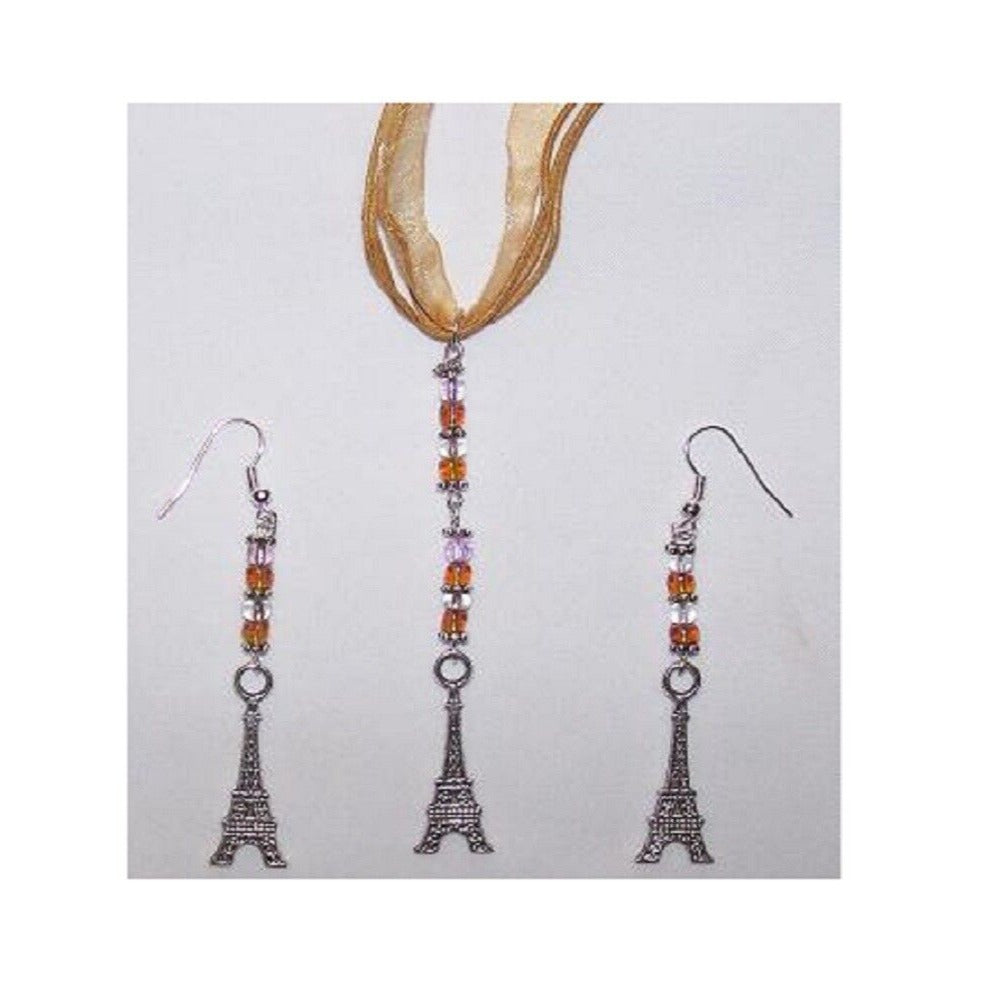 Necklace Earrings Eiffel Tower Charms Brown Silver Beads Brown Ribbon Sterling