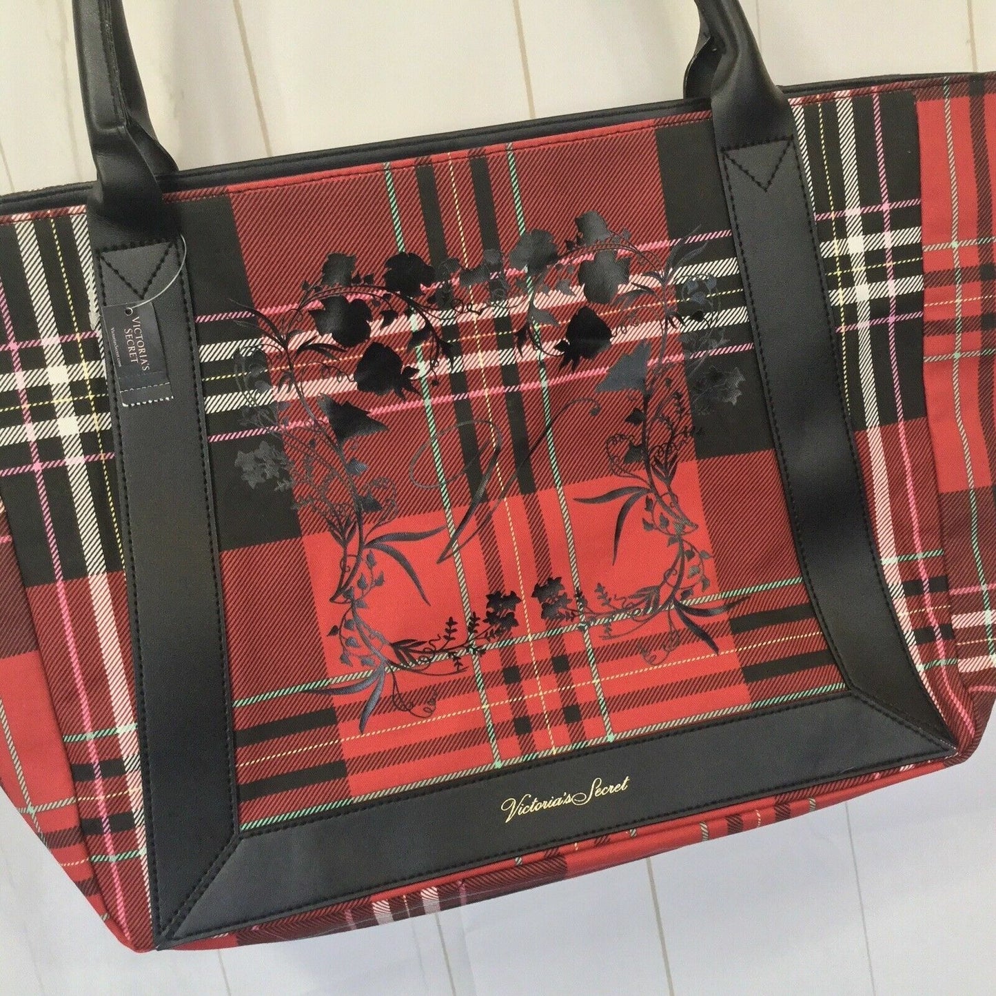 Purse Victoria's Secret Black Red Plaid Holiday Logo Tote Bag
