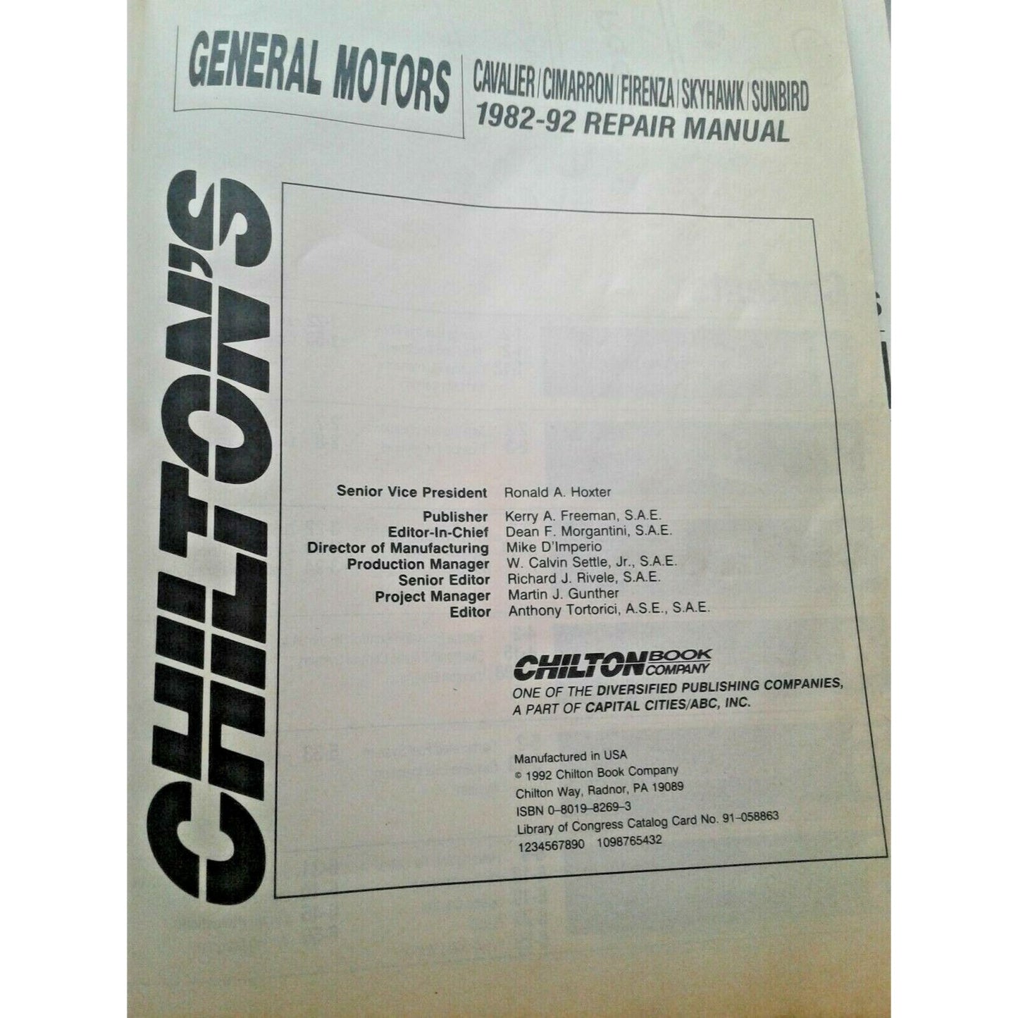 1982-92  Chilton's General Motors Cavalier Cimarron Firenza Skyhawk Sunbird