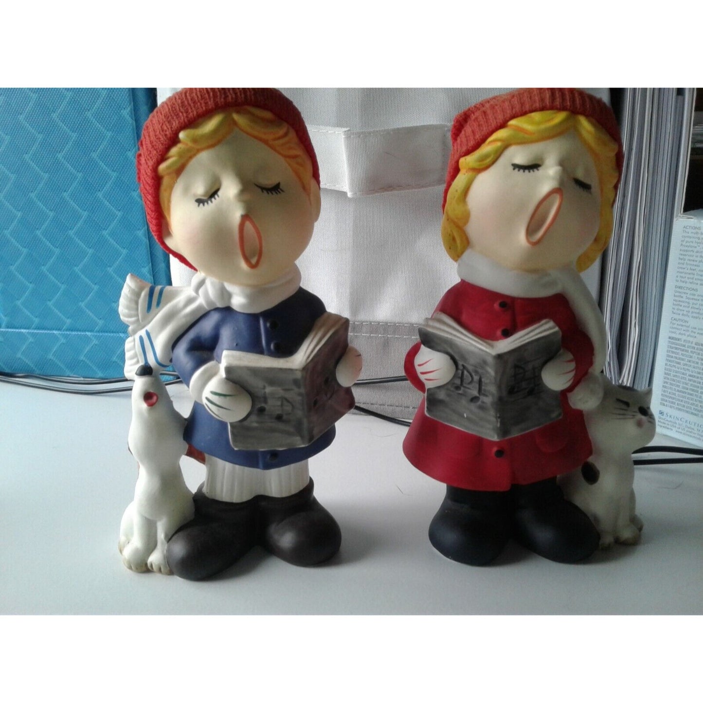 Statue Singing Boy & Girl Red Fabric Hat Holding Song Book Dog Cat Singing UOGC