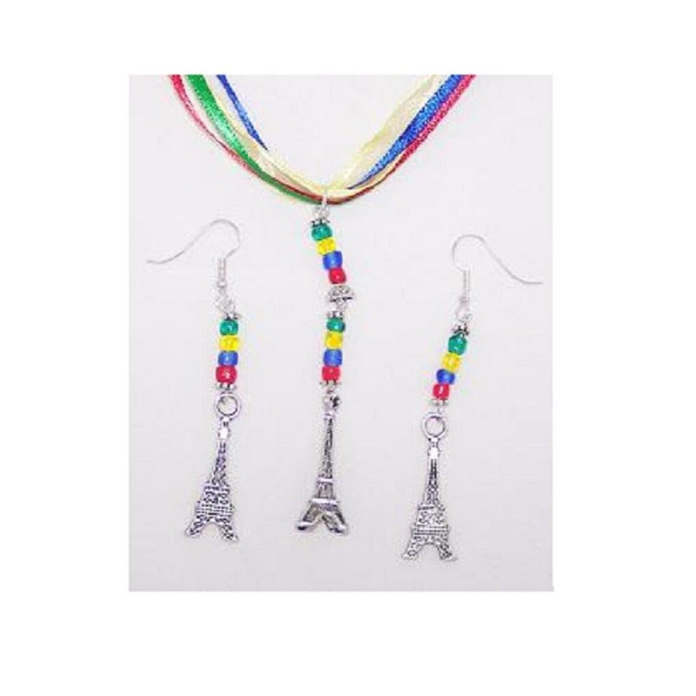 Necklace Earrings 3D Eiffel Tower Flat Charms Red Green Yellow Blue Ribbon Beads