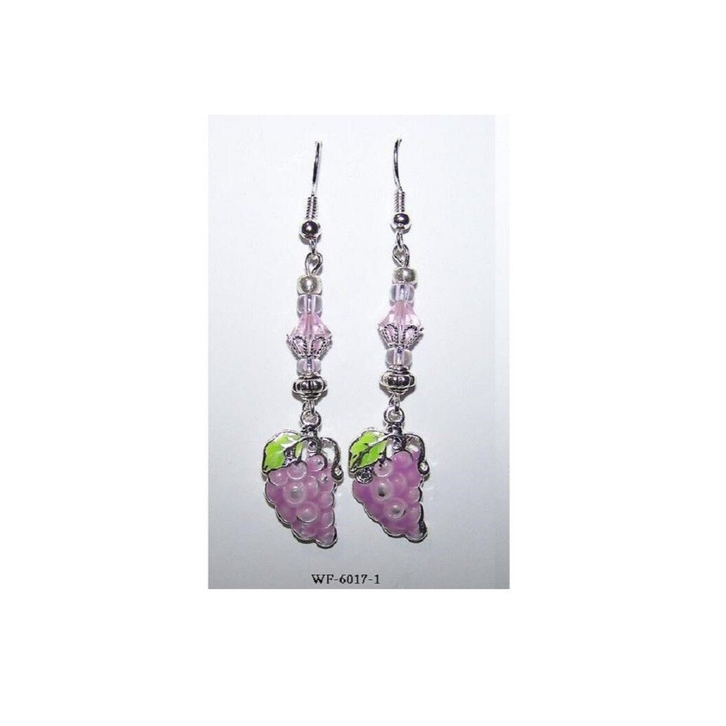 Earrings Painted Metal Grape Cluster Pink Silver White Bead Sterling Wire 2"