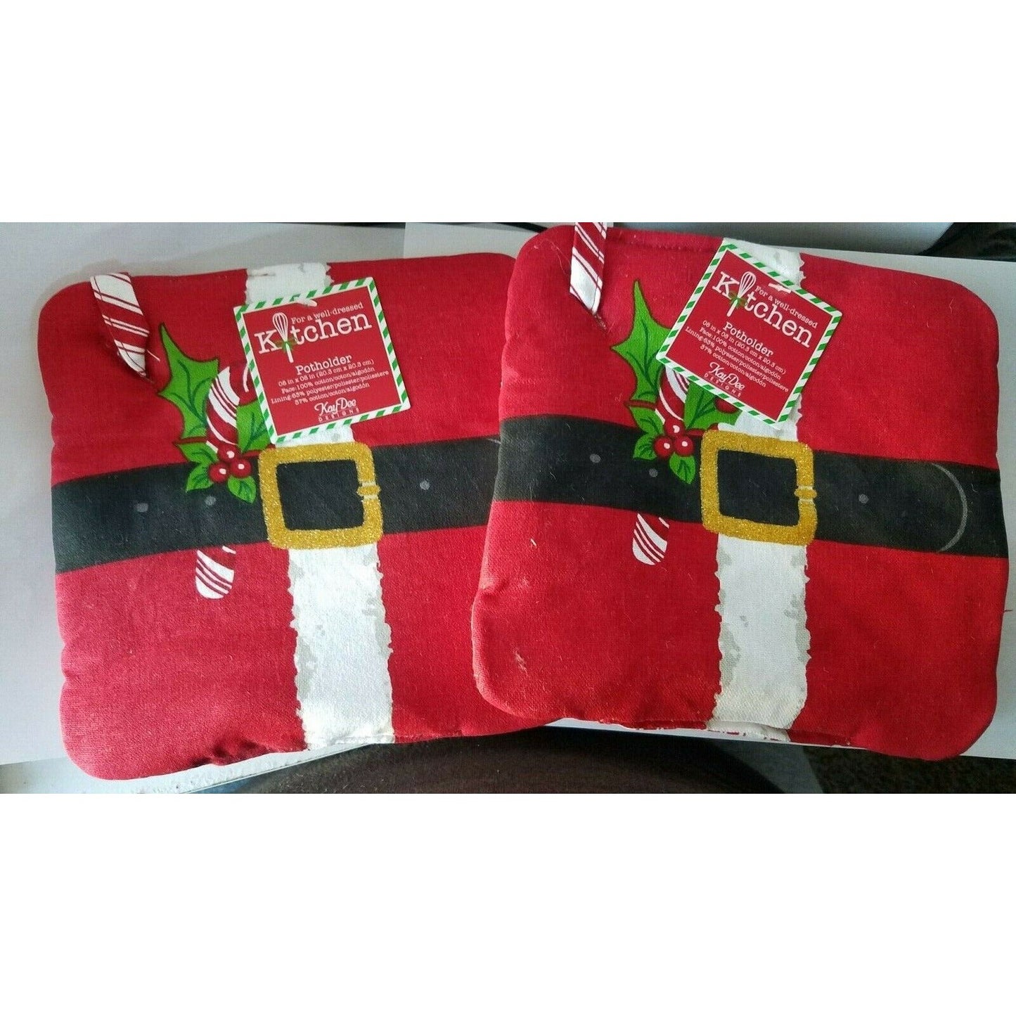 Kitchen Pot Holder KayDee Designs Santa Belt Candy Cane Striped Back Set of 2