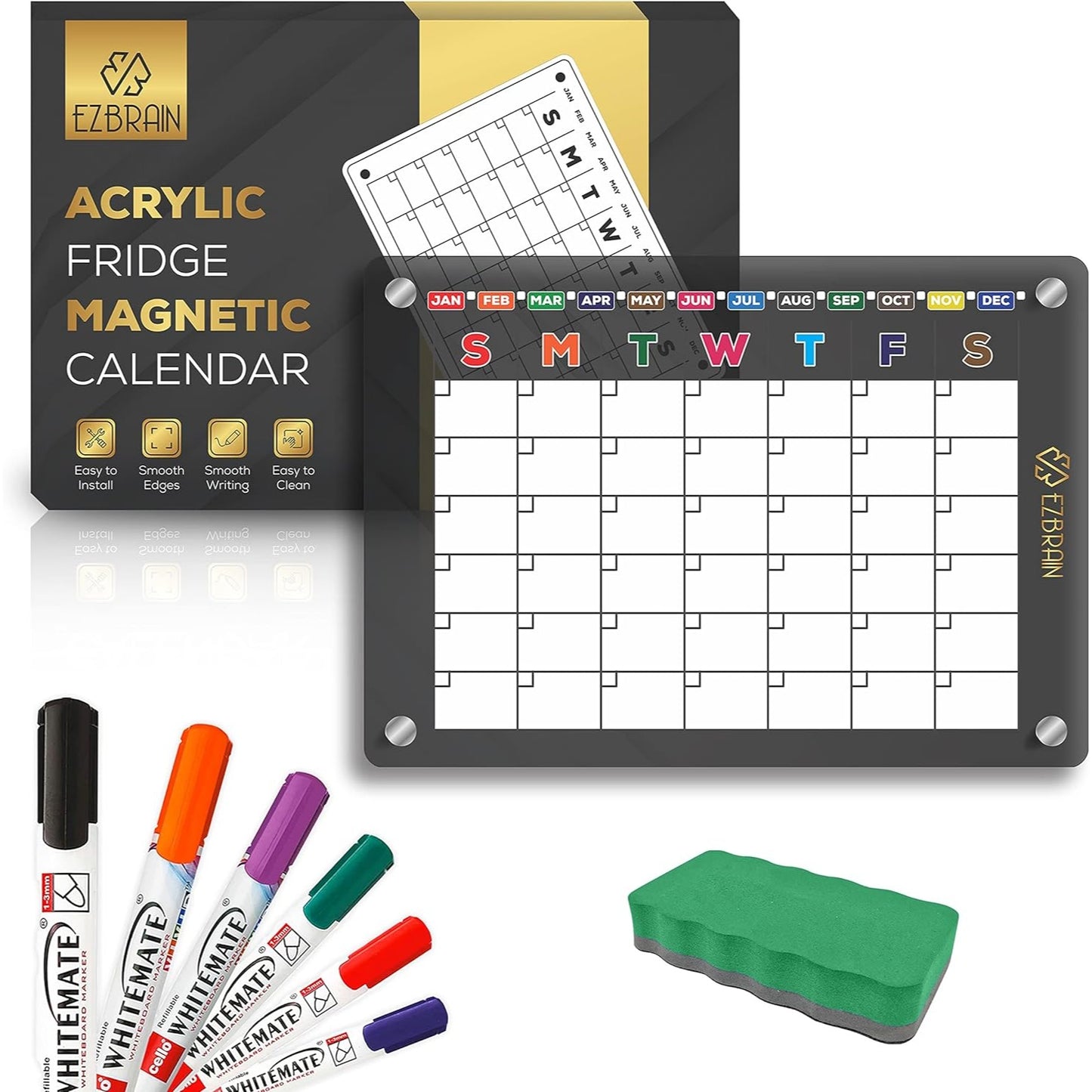 EZBRAIN Magnetic Fridge Calendar with Set of 6 Markers, Eraser, Acrylic Monthly Calendar for Fridge Monthly Calendar