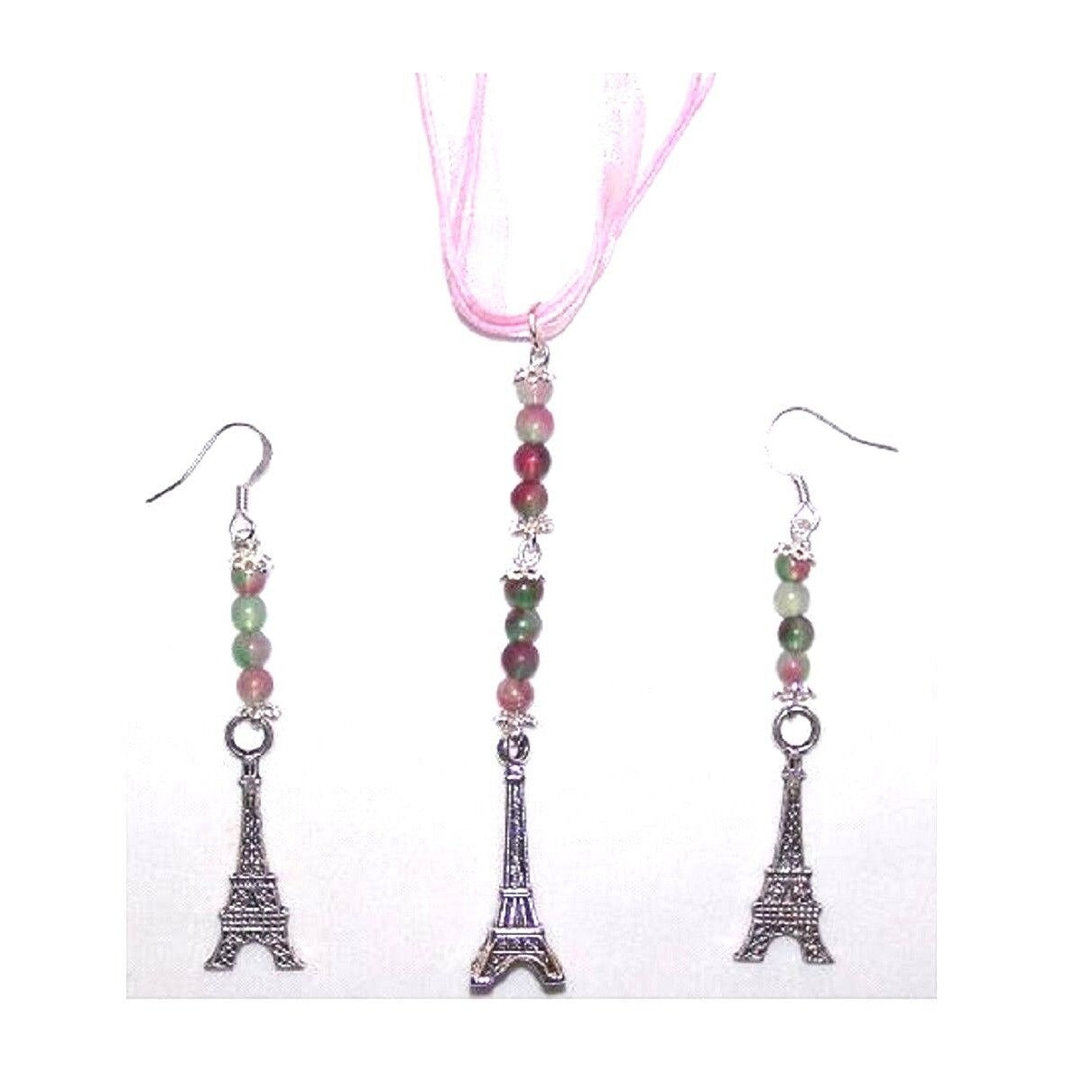 Necklace Earrings Eiffel Tower 1" Charm Green Pink Brown Beads Pink Ribbon Cord