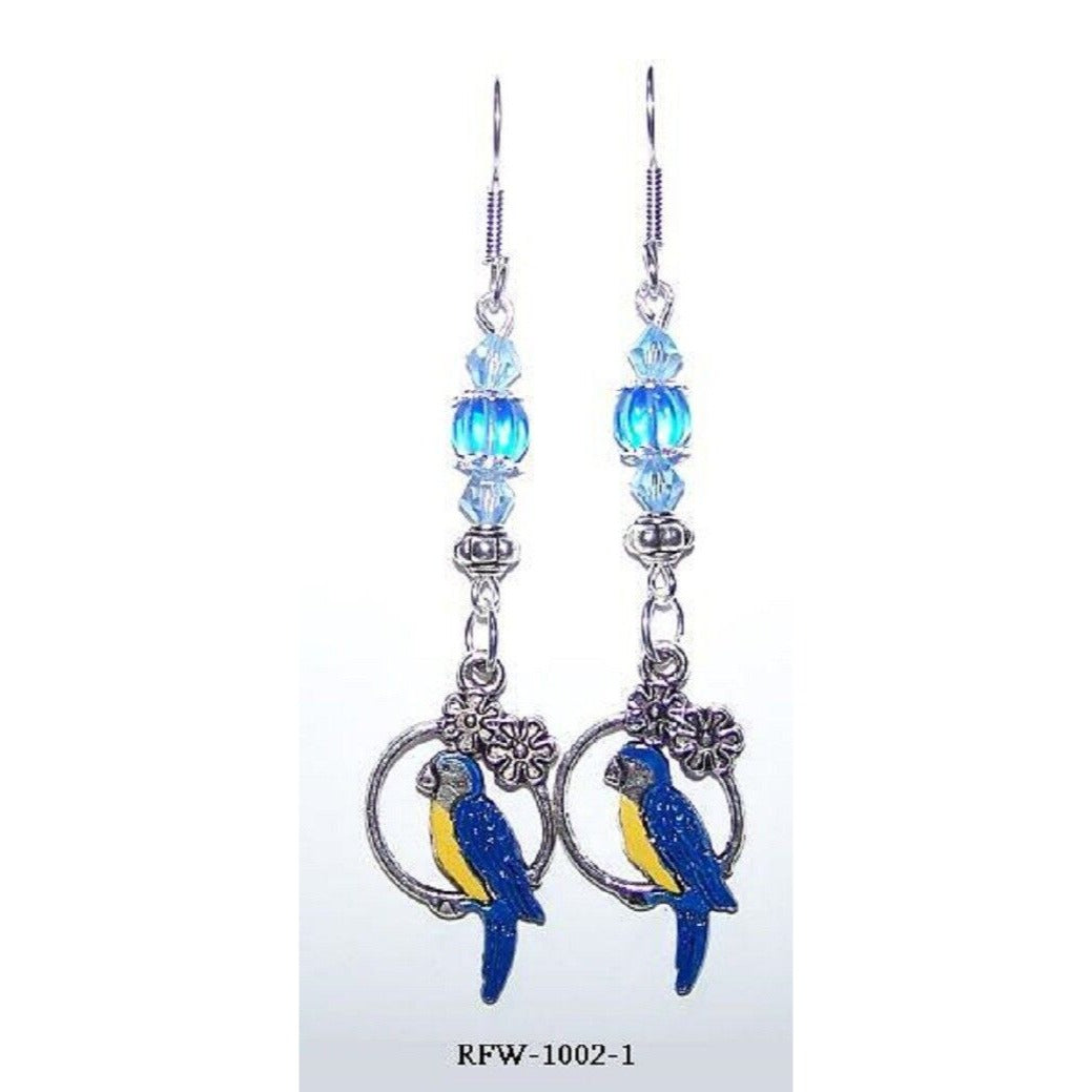 Earrings Painted Parrot Hoop Flowers Blue Silver Beads  2" long Sterling Hook