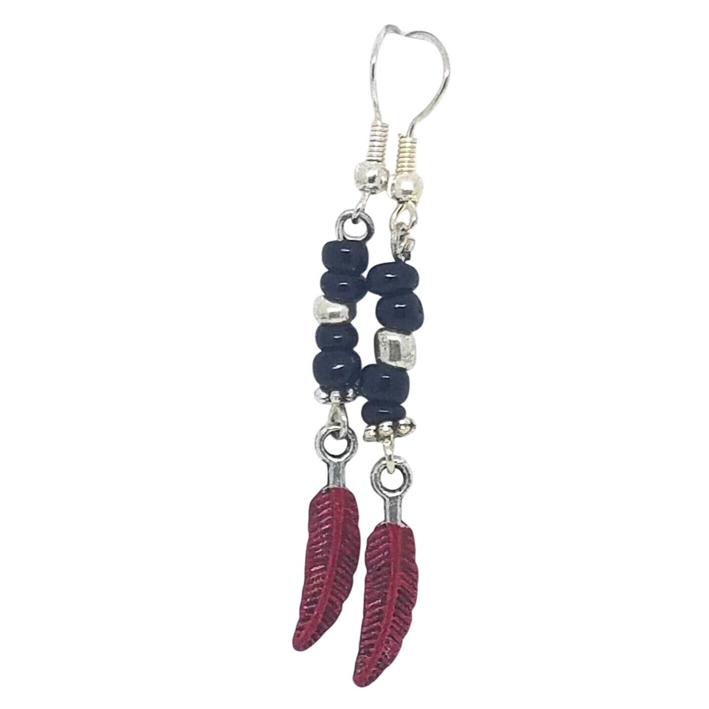 Earrings 1" Painted Red Feather Charm Black and Silver Bead Sterling Wire