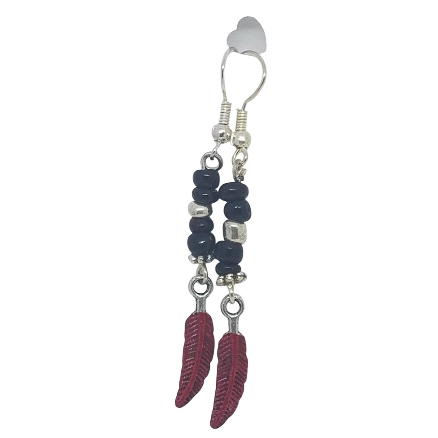 Earrings 1" Painted Red Feather Charm Black and Silver Bead Sterling Wire