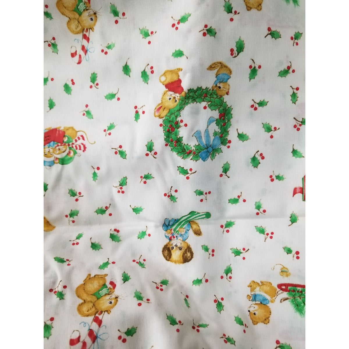 Material Cotton White Fabric Xmas Berries Bears Mice Dogs Wreath Trees Candycanes 44" x  46" Cotton
