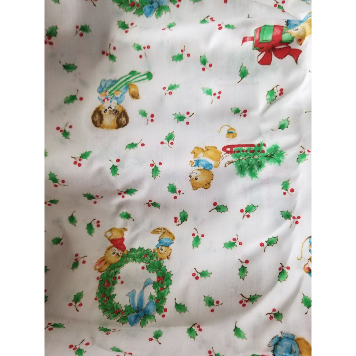 Material Cotton White Fabric Xmas Berries Bears Mice Dogs Wreath Trees Candycanes 44" x  46" Cotton
