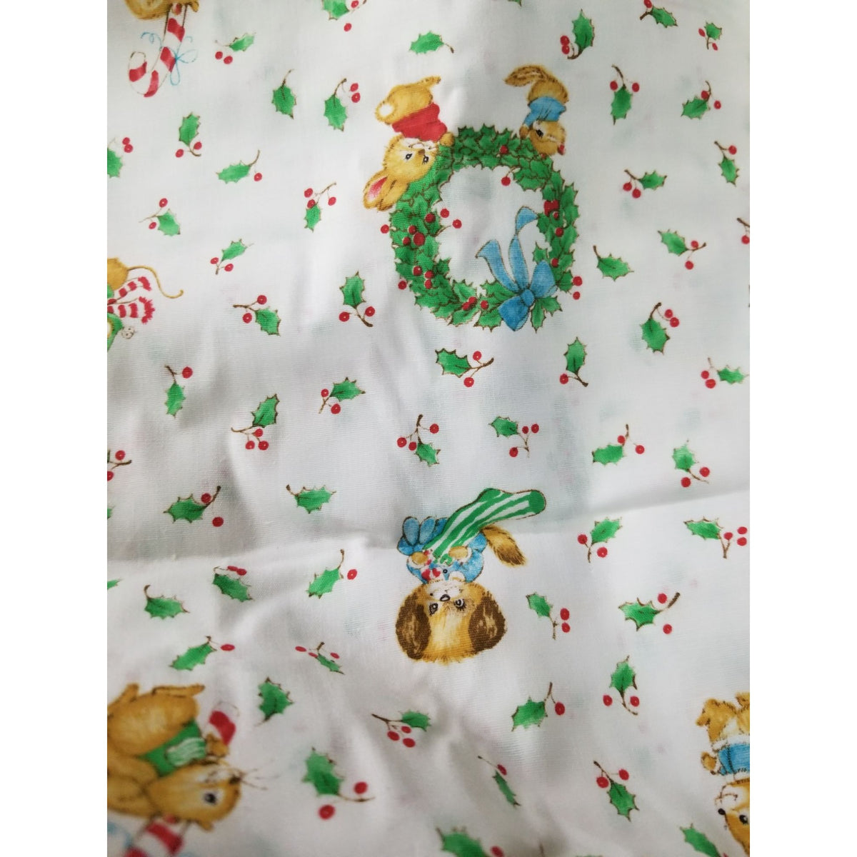 Material Cotton White Fabric Xmas Berries Bears Mice Dogs Wreath Trees Candycanes 44" x  46" Cotton