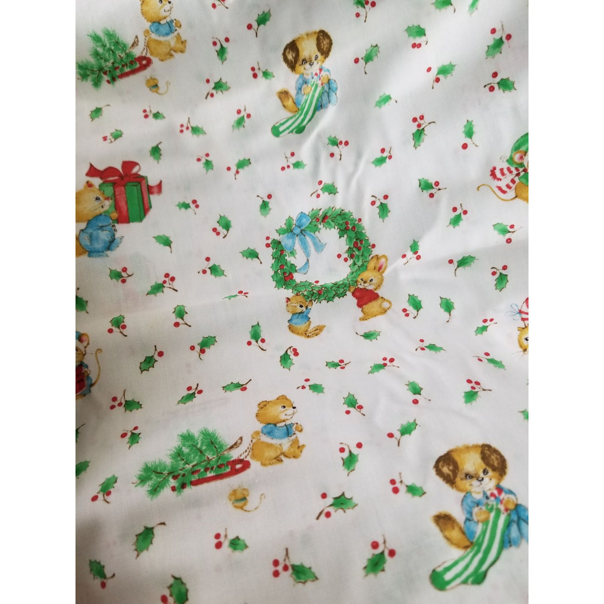 Material Cotton White Fabric Xmas Berries Bears Mice Dogs Wreath Trees Candycanes 44" x  46" Cotton
