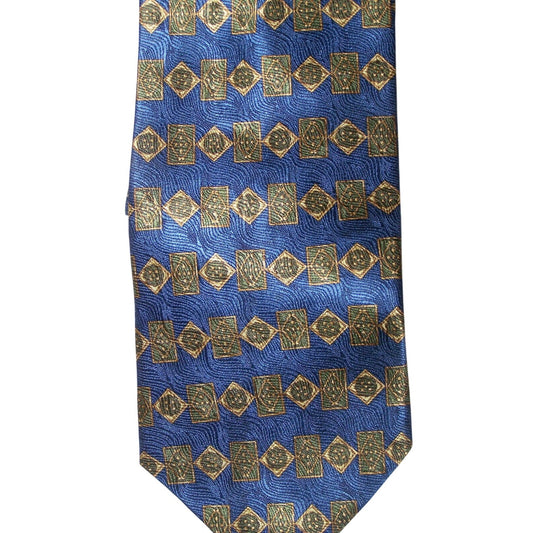 Tie Blue Gold Geometric Shape Row Savile Row Silk Made USA   58 " L   3 3/4 " W