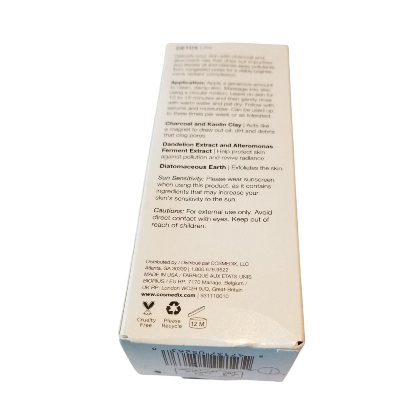 Skincare Cosmedix Detox 2.6 oz  Activated Charcoal Mask  new