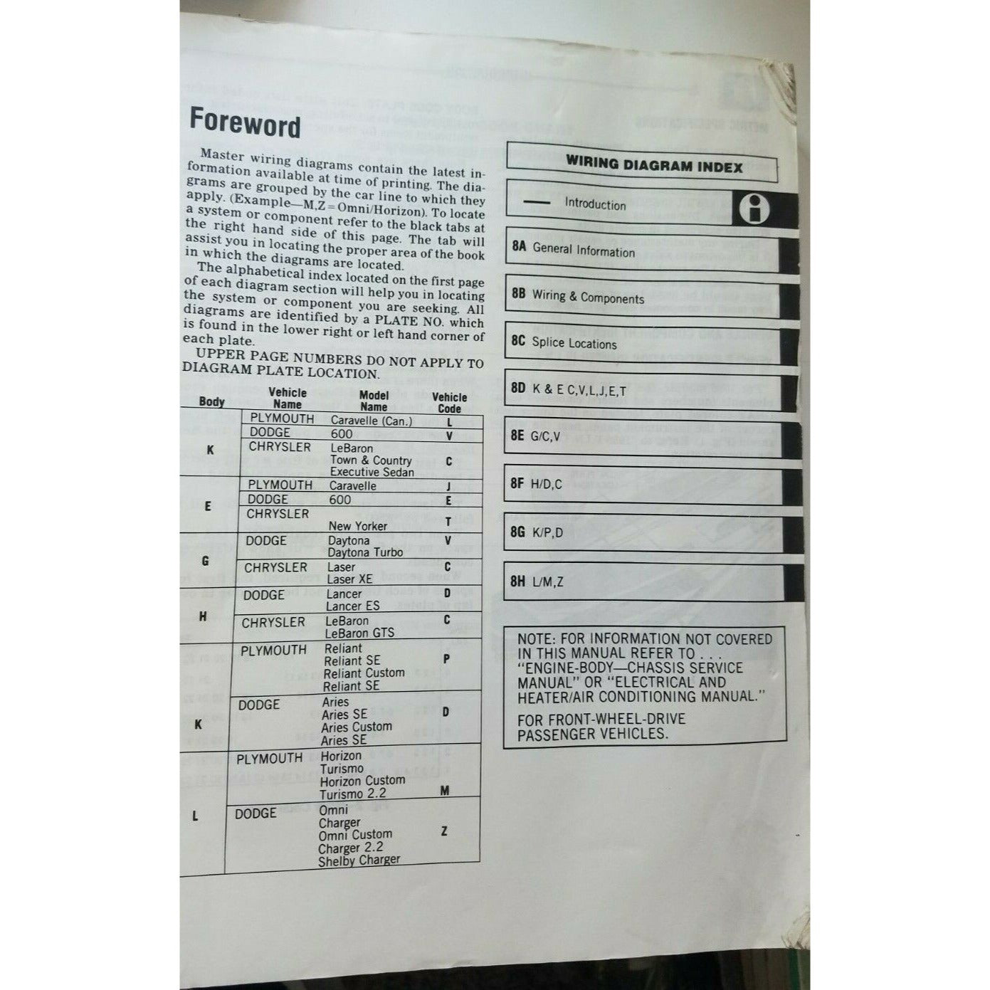 Book 1986 Chrysler Service Manual Wiring Diagrams Omni Charger Aries Reliant 600