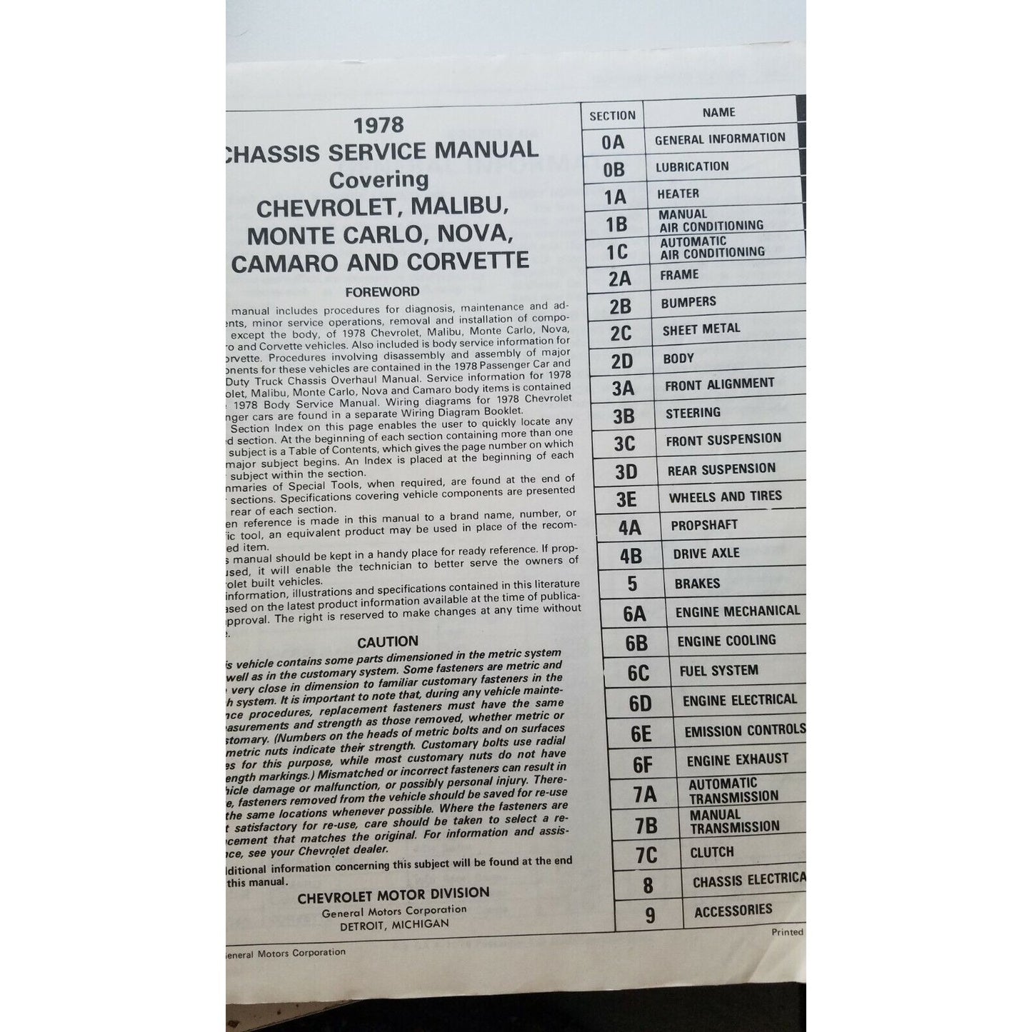 Book 1978 Chevrolet Malibu Camaro Monte Carlo Nova Corvette Auto Service Manual